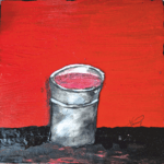 Cuadro original No sobra nada, pintura técnica mixta en acrílico y acuarela sobre papel, fondo rojo, 20x20 cm".