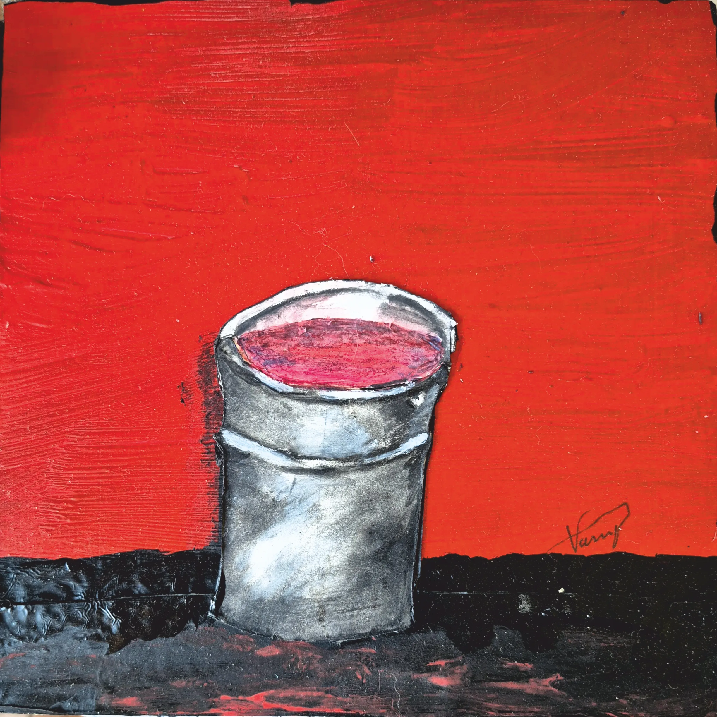 Cuadro original No sobra nada, pintura técnica mixta en acrílico y acuarela sobre papel, fondo rojo, 20x20 cm".